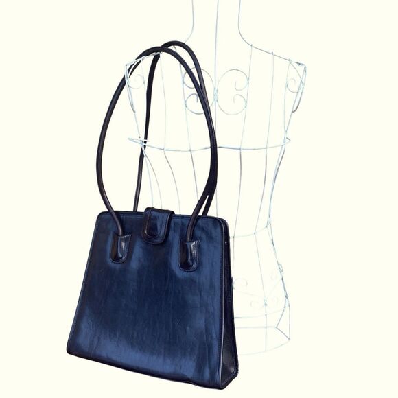 Vintage Brahmin Smooth Black Leather Shoulder Tote Satchel Shoulder Bag - Picture 1 of 11